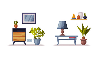 Sticker - Furniture and accessories for cozy room interior. Wooden chest of drawers, potted houseplant and picture on wall vector illustration