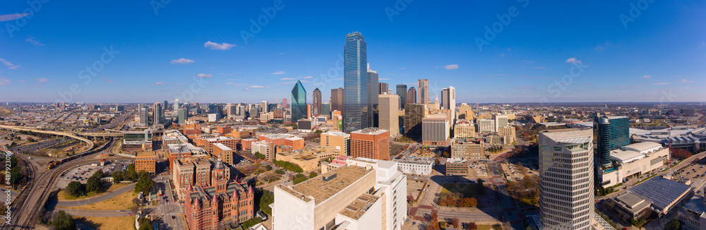 Aerial view of modern city skyline including Bank of America Plaza ...