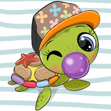 Cute Cartoon Water Turtle With Bubblegum On The Stripes Background