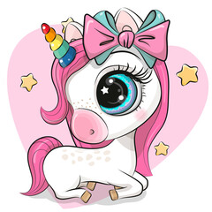 Wall Mural - unicorn with a pink mane and bow on a pink heart background