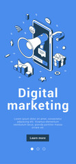 Wall Mural - digital marketing online advertising announce public promo campaign smartphone application isometric