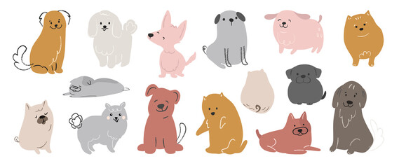 Wall Mural - Set of cute dogs vector. Lovely dog and friendly puppy doodle pattern in different poses and breeds with flat color. Adorable funny pet and many characters hand drawn collection on white background.