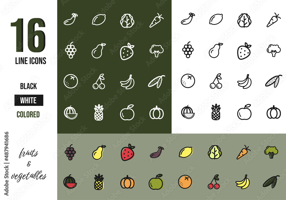 16 fruits and vegetables line art icons Stock Vector | Adobe Stock