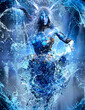 A charming water nymph of elementals in an elegant dance , creating a magical dance of drops and jets of liquid, she has blue skin and golden broslets. 3d rendering