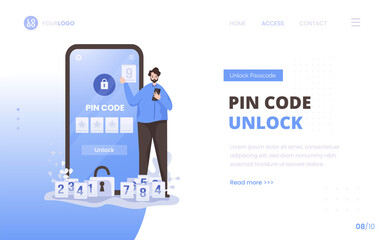 Pin code unlock security access concept on landing page design