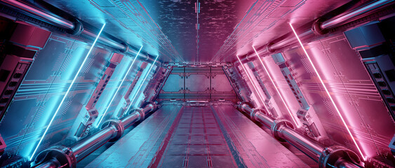 Wall Mural - Blue and pink spaceship interior with neon lights on panel walls. Futuristic corridor in space station background. 3d rendering