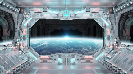 Wall Mural - White spaceship interior with glowing blue and red lights. Futuristic spacecraft with large window view on planet Earth. 3D rendering