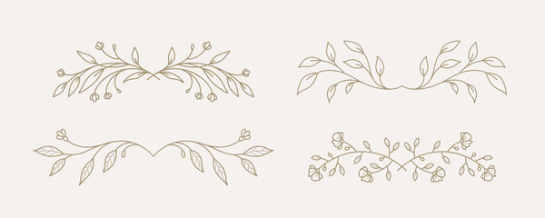 Wall Mural - Floral dividers collection, hand drawn border lines with leaves and flowers. Vector vintage decorative elements for books, greeting cards, invitations, web
