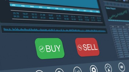 Poster - web interface for a financial app, buy or sell on stock market, with charts and reports, concept of online stock trading, mouse cursor click on the buy button (3d render)