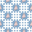 Seamless vector pattern. Abstract geometric background of white lattices on a blue background and decorative pink cats. For use on wallpaper, fabric, packaging and more.