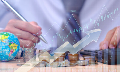 Wall Mural - Double exposure of trading and analytical data on stock market investments, funds, and digital assets, economy, financial, banking, and currency exchange, business investment, and finance technology