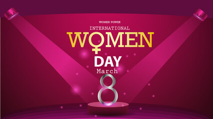 March 8 international women's day celebration stage model  concept sale banner, poster design. Abstract background in pink color.