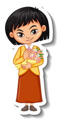 Sticker - A girl holding flower bouquet cartoon character sticker