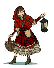 Little Red Riding Hood. Girl In Hood With Basket And Lantern Lights Her Way. Fairy Tale Character. Vector Illustration
