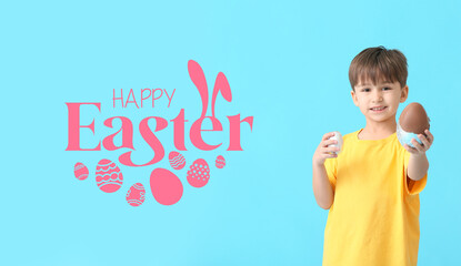 Poster - Easter greeting card with funny little boy holding sweet chocolate eggs