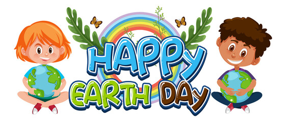 happy earth day banner with two childen in cartoon style