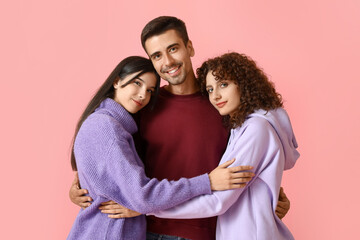 Sticker - Man and two beautiful women on color background. Polyamory concept