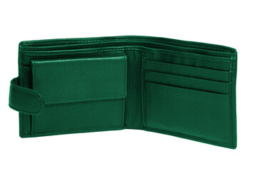 Green opened leather wallet classic isolated on the white background