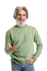 Sticker - Handsome senior man in knitted sweater on white background