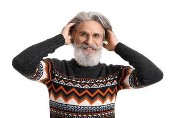 Sticker - Handsome senior man in knitted sweater on white background