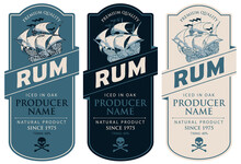 Set Of Vector Labels For Rum In A Figured Frames With Old Sailing Ships, Skulls With Crossbones And Inscriptions In Retro Style. Collection Of Strong Alcoholic Beverages. Premium Quality, Iced In Oak
