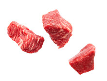 Three Slices Of Raw Beef Meat Isolated On White, Clipping Path