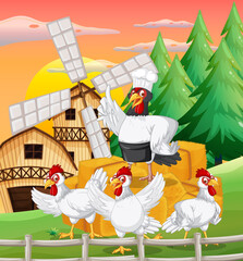 Wall Mural - Farm scene with a group of chickens