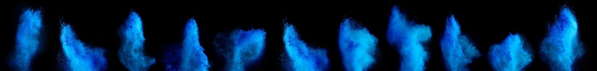 Wall Mural - set collection row cyan blue holi paint color powder explosion isolated on dark black background. industry beautiful party festival concept