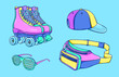 90s fashion illustration. Retro roller skates, waist bag, plastic glasses, cap. Party glasses. 90s style vector. 1990s trendy illustration. Nostalgia for the 90s.
