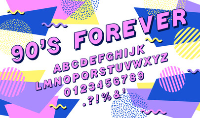 90s style font alphabet. Doodle font. Colorful typography. Doodles alphabet letters, numbers, punctuation marks. Trendy geometric shapes background. Nostalgia for the 90s.