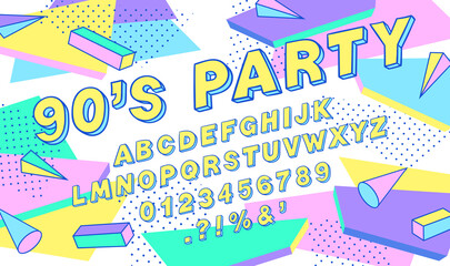 90s style font alphabet. doodle font. colorful typography. doodles alphabet letters, numbers, punctu