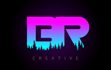 Wall Mural - BR Letters Logo Design with Purple Blue Colors and Pine Forest Trees Concept Vector Icon