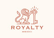 Royal lion key logo. Elegant gold leo line icon. Luxury vintage royalty emblem. Brand identity design element symbol. Vector illustration.