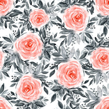 Beautiful Watercolor Floral Seamless Pattern Of Red Roses With Deep Gray And Black Leaves. Delicate Contrast Painting Flowers Texture For Textile, Wallpaper, Wrapping Paper, Surface Design