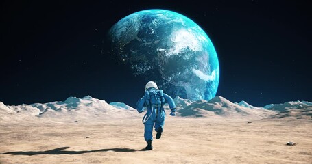 Wall Mural - Astronaut Running On The Moon. Blue Planet Earth Visible. Space Exploration. Lunar Station.