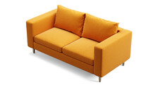 Modern Orange Textile Sofa On Isolated White Background. Furniture For Modern Interior, Minimalist Design.