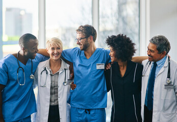Poster - Together well take care of you. Portrait of a diverse team of doctors standing together in a hospital.