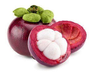 Wall Mural - half of tropical mangosteen with green leaves isolated on white background. clipping path