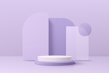 Realistic Violet And White 3D Cylinder Pedestal Podium Set With Geometric Set Background. Minimal Scene For Products Stage Showcase, Promotion Display. Vector Geometric Platform. Abstract Room Design.