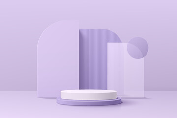 realistic violet and white 3d cylinder pedestal podium set with geometric set background. minimal sc