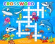 Cartoon funny underwater animals and fish crossword grid worksheet. Find a word quiz of sea wildlife. Vector puzzle game of dolphin, shark, octopus and whale, crab, shrimp, tuna and seahorse