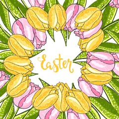 Wall Mural - Easter background frame with tulips, lettering happy easter copy space, hand drawn, square, Spring background with tulips