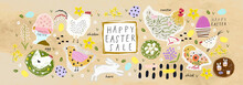 Happy Easter! Vector Modern Illustrations Of Cute Objects And Elements: Chicken, Nest, Decorations, Hen, Rooster, Rabbit, Hare, Abstract Spots, Lettering, Easter Decor