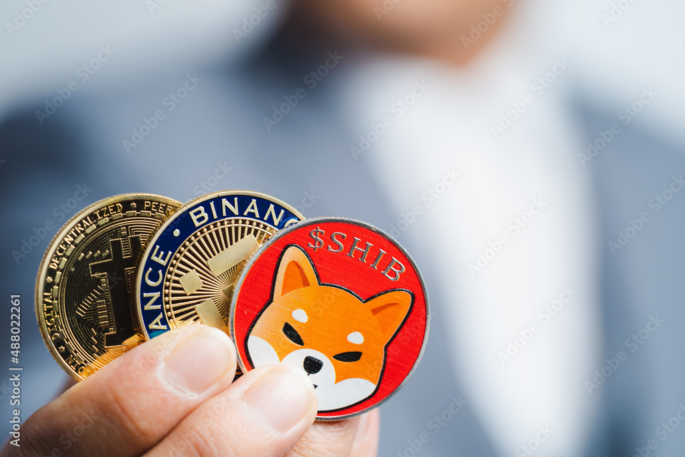Golden bitcoin coin Shiba coin , Binance Coin BNB group included with Cryptocurrency on hand business man wearing a blue suit. Filed and put and give to me. Close up and Macro photography concept.