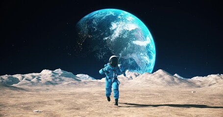 Wall Mural - brave astronaut running on the surface of the moon among craters. planet earth is visible in sky. sl