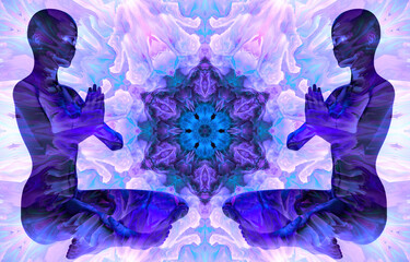 Wall Mural - Silhouette of a girls in Lotus position on the background of the fractal universe. A state of trance and deep meditation. A spiritual journey in the universe. 3D illustrations.