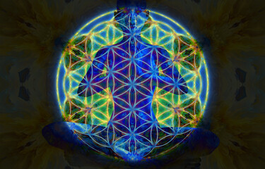 Wall Mural - Silhouette of a girl in Lotus position on the background of the fractal universe. A state of trance and deep meditation. A spiritual journey in the universe. 3D illustrations.