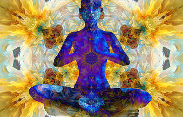 Wall Mural - Silhouette of a girl in Lotus position on the background of the fractal universe. A state of trance and deep meditation. A spiritual journey in the universe. 3D illustrations.