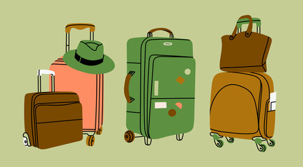 Various luggage bags, suitcases, baggage, travel bags. Vacation, travel, holiday concept. Hand drawn Vector set. Colorful trendy illustration. Cartoon style. Flat design. All elements are isolated