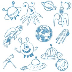 Sticker - set of space icons. set of icons. pattern with elements of space. doodle sketch of space elements. i